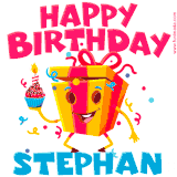 A funny animated birthday GIF with the words 'Happy Birthday Stephana', colorful gift box with arms and legs, holding a cupcake with a lit candle  with confetti everywhere.
