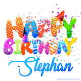 Animated GIF with colorful, festive 'Happy Birthday Stephan' text decorated with patterns, a party hat, and falling confetti. A vibrant and cheerful design for birthday celebrations.
