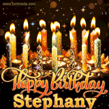A glowing personalized birthday GIF with name Stephany featuring lit candles with intricate designs, warm lighting, and the text 'Happy Birthday' in an elegant font.