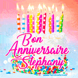 A white birthday cake covered in colorful sprinkles, topped with bright candles, and French text 'Bon Anniversaire Stephany' on a pastel gradient background in an animated GIF.