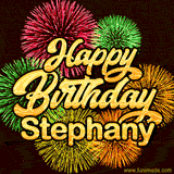 Golden text reading 'Happy Birthday Stephany' surrounded by vibrant fireworks in red, green, and yellow, set against a dark background in this celebratory birthday GIF.