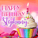 A vibrant birthday GIF featuring a rainbow-colored cupcake topped with white frosting, sprinkles, and a lit candle. The text reads 'Happy Birthday Stephany' in bold pink and violet letters with white outline.