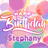 A vibrant name GIF featuring colorful balloons in shades of pink, orange, and yellow with the bold text 'Happy Birthday Stephany' in festive fonts, creating a lively birthday vibe.