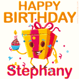 A vibrant and funny gift box character with a happy face dancing with a cupcake and the text 'Happy Birthday Stephany,' surrounded by animated confetti and party vibes.