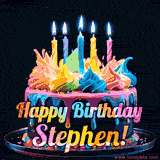 A vibrant animated GIF featuring a colorful rotating birthday cake with bright frosting swirls, glowing candles, and the text 'Happy Birthday Stephen!' in rainbow colors.
