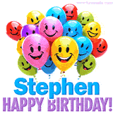 An animated birthday-themed name GIF with colorful smiling balloons and bold 'Stephen, Happy Birthday!' text for a celebratory touch.