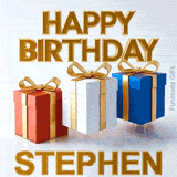 Perfectly looping animated GIF for Stephen's birthday displaying three colorful presents with gold ribbons moving up and down under golden 3D text