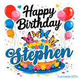 A festive white cake on a blue plate with the name Stephen, framed by colorful balloon bouquets and small hearts.