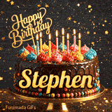 A personalized birthday cake for Stephen on a gold platter, surrounded by falling golden star confetti.