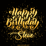 Animated GIF with colorful, festive 'Happy Birthday Steve' text decorated with patterns, a party hat, and falling confetti. A vibrant and cheerful design for birthday celebrations.