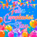 A vibrant animated GIF with 'Feliz Cumpleaños Steve' written in colorful script, surrounded by balloons, confetti, and bunting on a bright blue background.