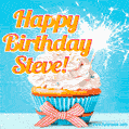 A cheerful animated GIF of a cupcake with creamy frosting, a red checkered ribbon, and a bright sparkler on top. The text 'Happy Birthday Steve!' is displayed in vibrant orange and red.