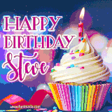 A festive animated GIF featuring a colorful cupcake with a single lit candle, sprinkles, and 'Happy Birthday Steve' text against a sparkling, celebratory background.