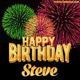 A captivating GIF with bursts of green, pink, and orange fireworks lighting up the night sky, accompanied by 'Happy Birthday Steve' in glowing golden text.