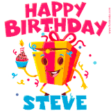 A funny animated birthday GIF with the words 'Happy Birthday Stevea', colorful gift box with arms and legs, holding a cupcake with a lit candle  with confetti everywhere.