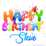 Animated GIF with colorful, festive 'Happy Birthday Steve' text decorated with patterns, a party hat, and falling confetti. A vibrant and cheerful design for birthday celebrations.