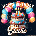 Hand-drawn happy birthday cake adorned with an arch of colorful balloons - name GIF for Stevie
