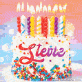 Personalized for Stevie elegant birthday cake adorned with rainbow sprinkles, colorful candles and glitter