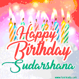 Bright birthday candles with rainbow flames on a cake, alongside the text 'Happy Birthday Sudarshana' in vibrant script in this celebratory animated GIF.