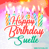 Bright birthday candles with rainbow flames on a cake, alongside the text 'Happy Birthday Suette' in vibrant script in this celebratory animated GIF.