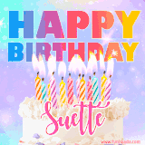 A vibrant animated name GIF with the words 'Happy Birthday Suette' with colorful candles on a creamy cake. The background sparkles with pastel shades, adding a festive touch.
