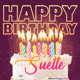 A colorful birthday cake topped with lit candles, with the words 'Happy Birthday Suette' in bold glowing letters on a burgundy background. Animated flames add a festive touch.