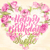 A stunning heart made of pink roses surrounds the elegant script text 'Happy Birthday Suette' on a soft beige background. Animated sparkles add a magical and festive feel.