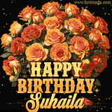 Animated bouquet of orange roses with moving butterfles and golden 'Happy Birthday Suhaila' text, surrounded by sparkling accents and a dark backdrop for a luxurious feel.