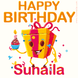 A vibrant and funny gift box character with a happy face dancing with a cupcake and the text 'Happy Birthday Suhaila,' surrounded by animated confetti and party vibes.