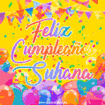 A bright and festive GIF with the text 'Feliz Cumpleaños Suhana' in Spanish in colorful fonts, surrounded by confetti, balloons, and festive banners on a vibrant yellow background.