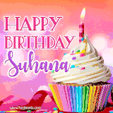 A vibrant birthday GIF featuring a rainbow-colored cupcake topped with white frosting, sprinkles, and a lit candle. The text reads 'Happy Birthday Suhana' in bold pink and violet letters with white outline.