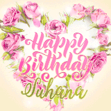 A stunning heart made of pink roses surrounds the elegant script text 'Happy Birthday Suhana' on a soft beige background. Animated sparkles add a magical and festive feel.