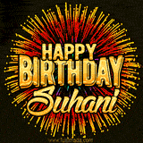 Golden 'Happy Birthday Suhani' text accompanied by animated rainbow fireworks for a festive animated greeting.