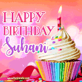A vibrant birthday GIF featuring a rainbow-colored cupcake topped with white frosting, sprinkles, and a lit candle. The text reads 'Happy Birthday Suhani' in bold pink and violet letters with white outline.