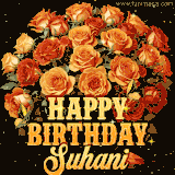 Animated bouquet of orange roses with moving butterfles and golden 'Happy Birthday Suhani' text, surrounded by sparkling accents and a dark backdrop for a luxurious feel.