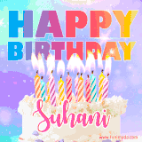 A vibrant animated name GIF with the words 'Happy Birthday Suhani' with colorful candles on a creamy cake. The background sparkles with pastel shades, adding a festive touch.