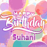 A vibrant name GIF featuring colorful balloons in shades of pink, orange, and yellow with the bold text 'Happy Birthday Suhani' in festive fonts, creating a lively birthday vibe.