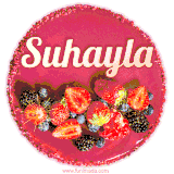 Beautifully decorated red velvet berry birthday cake with vibrant fruits and a glowing 'Suhayla' name, adding a touch of sweetness and sparkle.