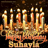 A glowing personalized birthday GIF with name Suhayla featuring lit candles with intricate designs, warm lighting, and the text 'Happy Birthday' in an elegant font.
