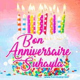 A white birthday cake covered in colorful sprinkles, topped with bright candles, and French text 'Bon Anniversaire Suhayla' on a pastel gradient background in an animated GIF.