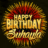 Golden 'Happy Birthday Suhayla' text accompanied by animated rainbow fireworks for a festive animated greeting.