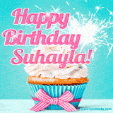 A festive cupcake with pink icing, a gingham bow, and a lit animated sparkler, paired with 'Happy Birthday Suhayla!' in bright pink text.