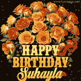 Animated bouquet of orange roses with moving butterfles and golden 'Happy Birthday Suhayla' text, surrounded by sparkling accents and a dark backdrop for a luxurious feel.