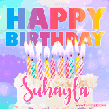 A vibrant animated name GIF with the words 'Happy Birthday Suhayla' with colorful candles on a creamy cake. The background sparkles with pastel shades, adding a festive touch.
