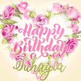 A stunning heart made of pink roses surrounds the elegant script text 'Happy Birthday Suhayla' on a soft beige background. Animated sparkles add a magical and festive feel.