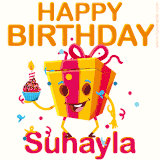 A vibrant and funny gift box character with a happy face dancing with a cupcake and the text 'Happy Birthday Suhayla,' surrounded by animated confetti and party vibes.