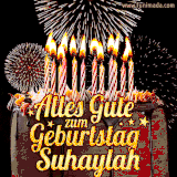 A chocolate birthday cake with glowing candles, the German text 'Alles Gute zum Geburtstag Suhaylah,' and vibrant fireworks lighting up the background in an animated GIF.