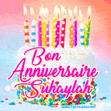 A white birthday cake covered in colorful sprinkles, topped with bright candles, and French text 'Bon Anniversaire Suhaylah' on a pastel gradient background in an animated GIF.
