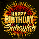 Golden 'Happy Birthday Suhaylah' text accompanied by animated rainbow fireworks for a festive animated greeting.