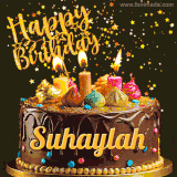 A delightful chocolate birthday cake with bright candles and 'Happy Birthday Suhaylah' written in gold amidst a shower of animated stars.